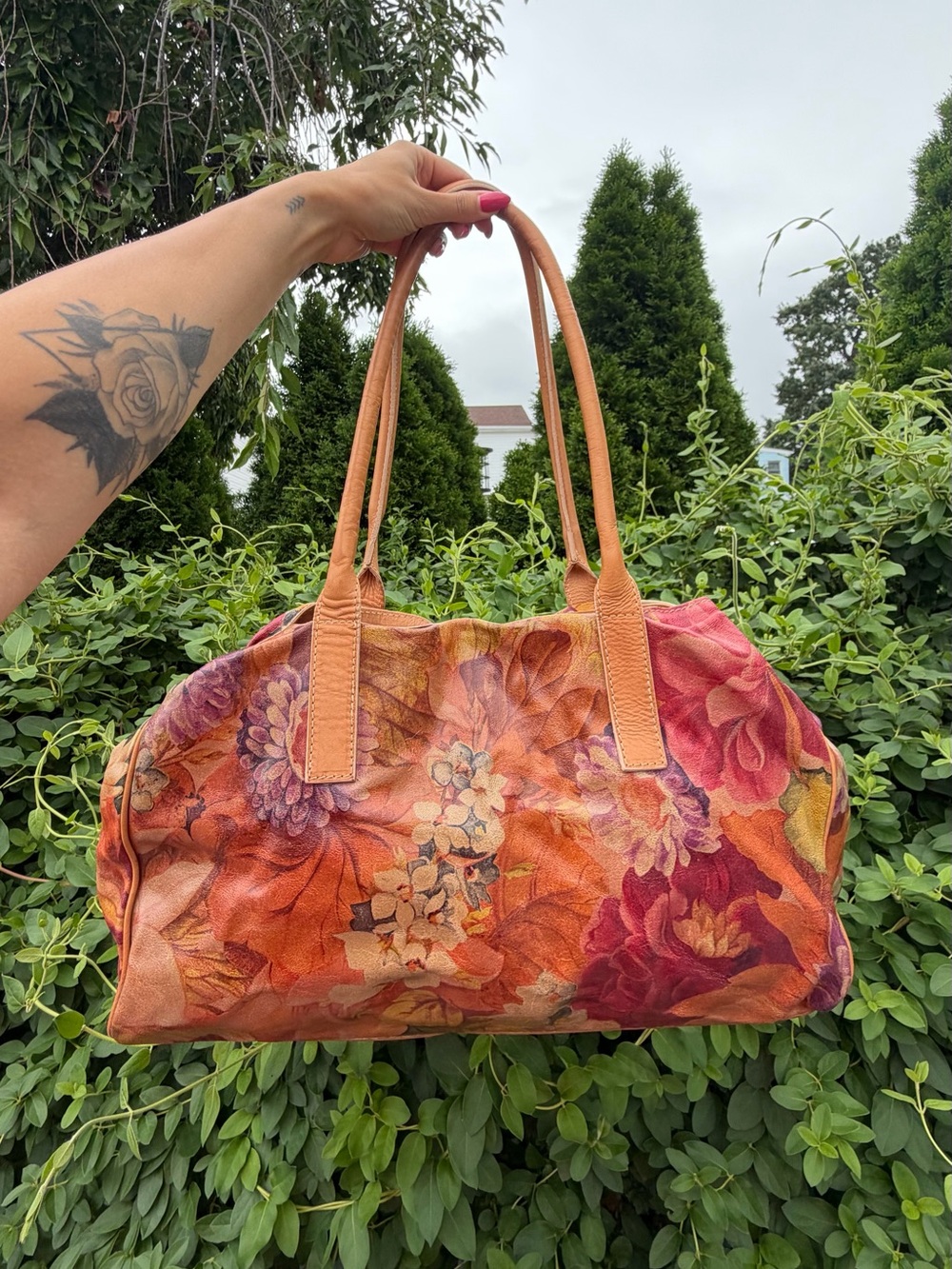 Maurizio Taiuti Floral Hand Painted Leather Shoulder Bag Made in Italy Art Purse